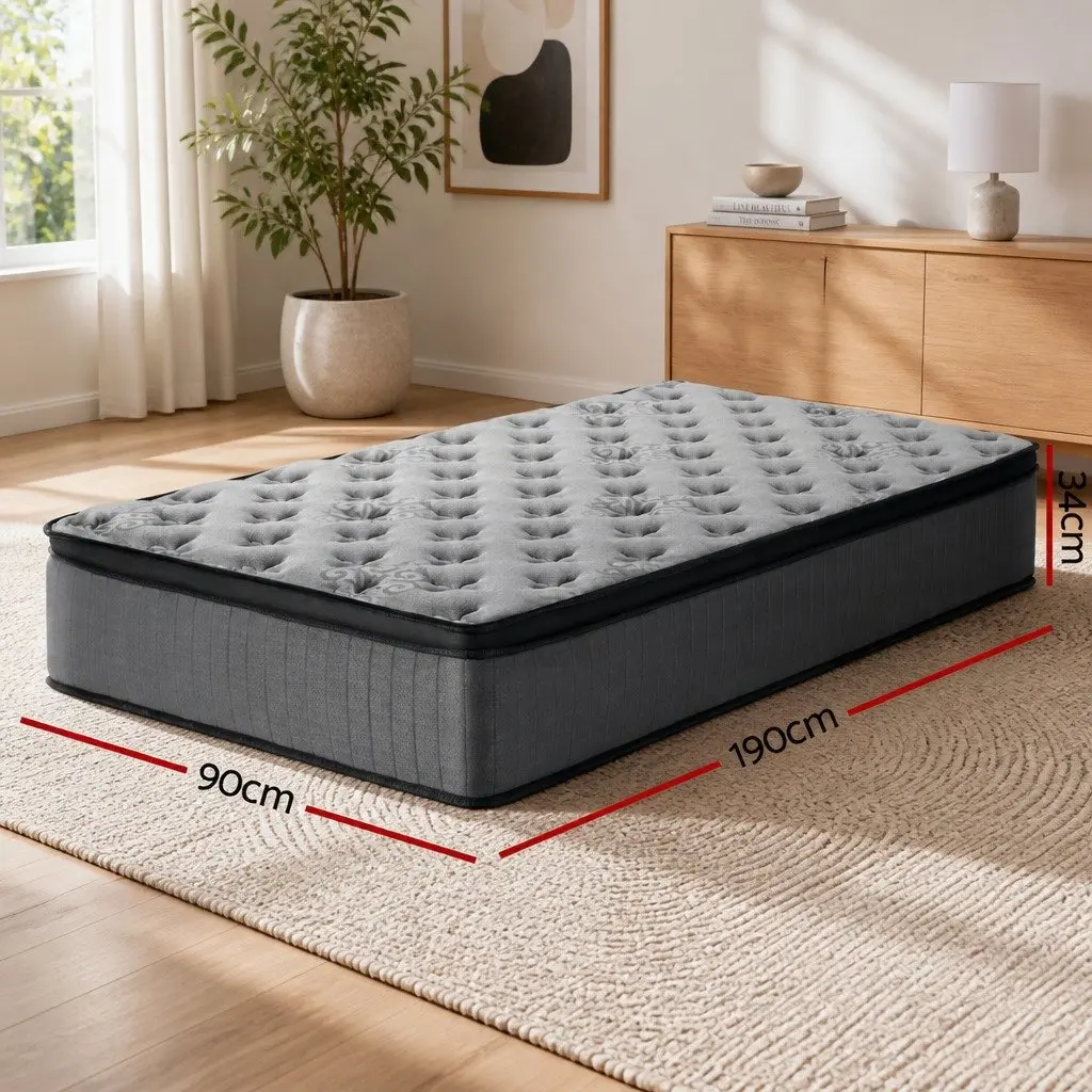Single Mattress Grey 34cm Medium Firm Euro Top Pocket Spring Memory Foam