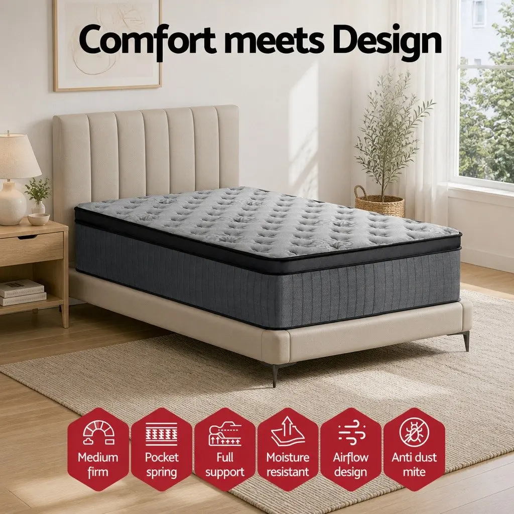 Single Mattress Grey 34cm Medium Firm Euro Top Pocket Spring Memory Foam