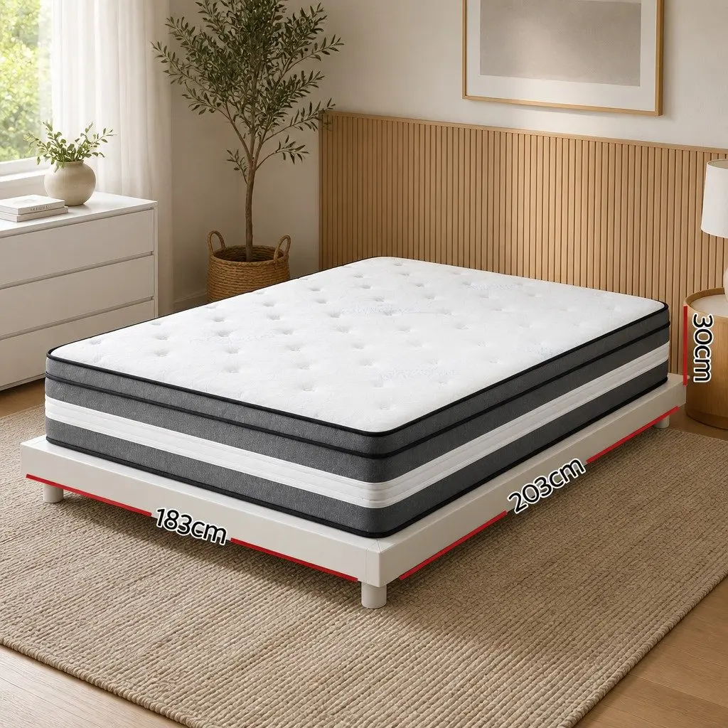 King Single Mattress 30cm Grey Pocket Spring Cooling Gel Memory Foam Euro Top