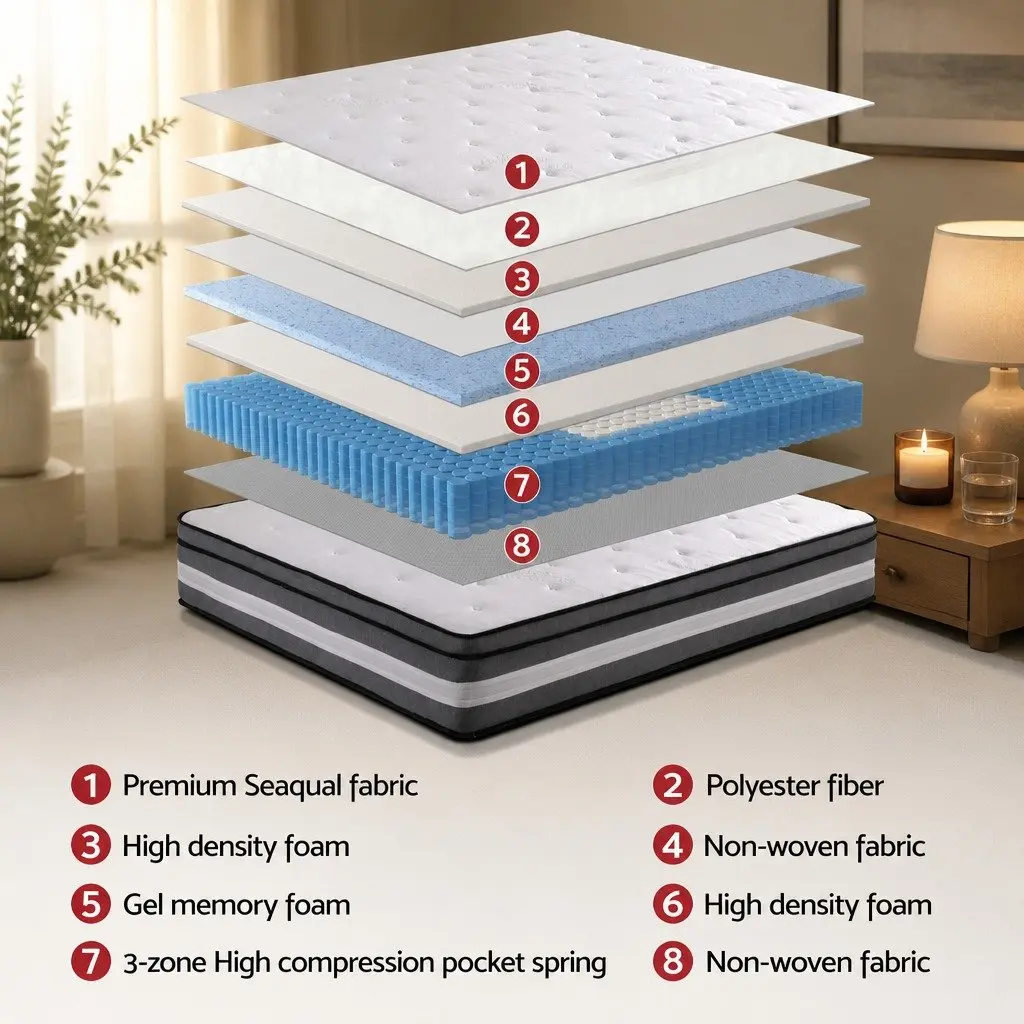 King Single Mattress 30cm Grey Pocket Spring Cooling Gel Memory Foam Euro Top