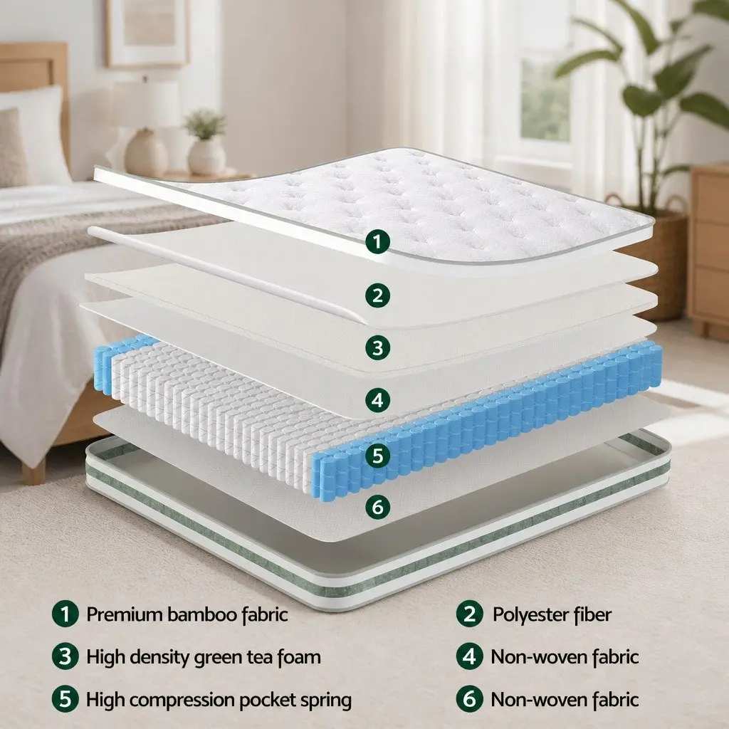 King Size Mattress 20cm Green Tea Foam Euro Top Medium Firm Pocket Spring