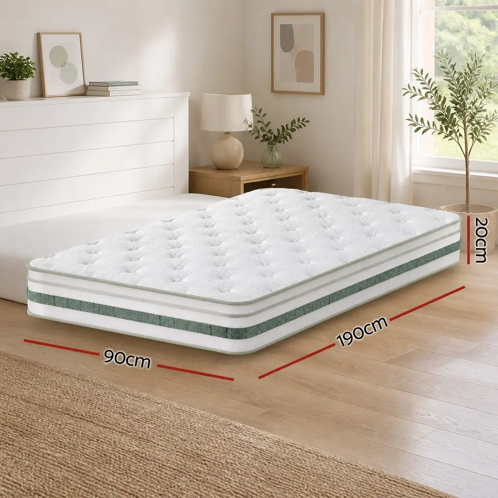 Single Mattress Medium Firm 20cm Pocket Spring Euro Top Green Tea Foam White Green