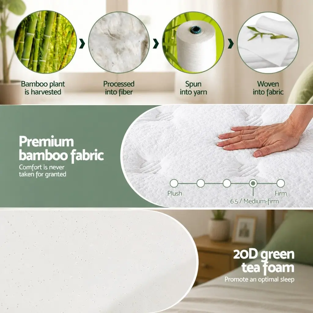 Single Mattress Medium Firm 20cm Pocket Spring Euro Top Green Tea Foam White Green