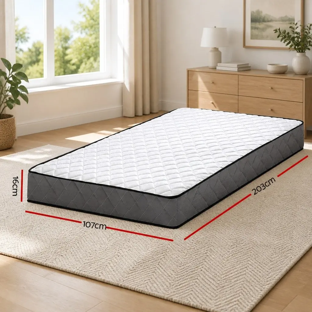 King Single Mattress 16cm Bonnell Spring Tight Top Medium Firm Quilted White