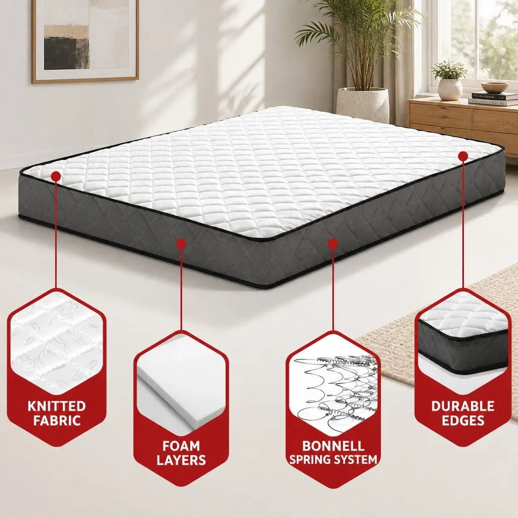 King Single Mattress 16cm Bonnell Spring Tight Top Medium Firm Quilted White