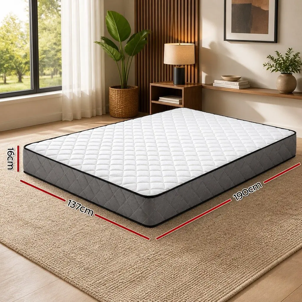 Double Mattress Bonnell Spring Medium Firm Support 16cm Quilted Top Polyester Fabric Grey or White