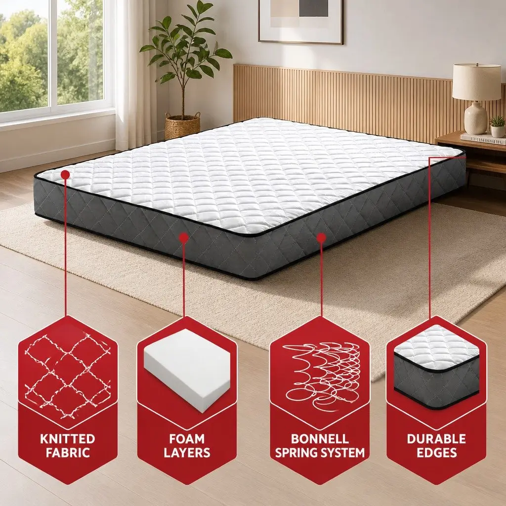 Double Mattress Bonnell Spring Medium Firm Support 16cm Quilted Top Polyester Fabric Grey or White