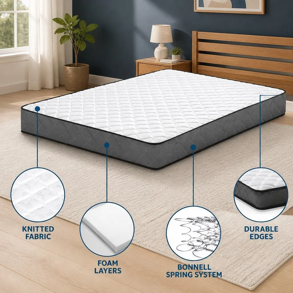 Single Mattress Bonnell Spring 16cm Medium Firm Support White Soft Quilted Top