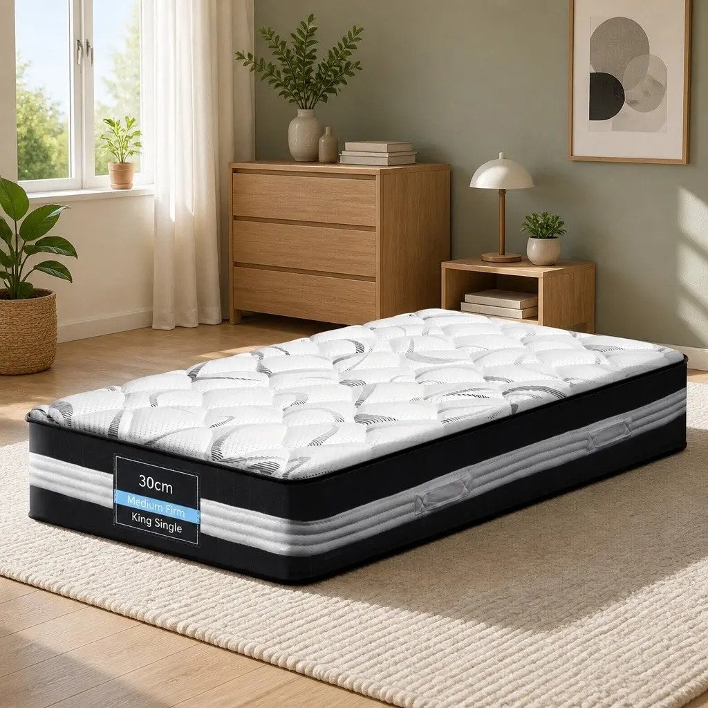 Pocket Spring Mattress 30cm King Single Medium Firm Hypoallergenic Breathable White Black