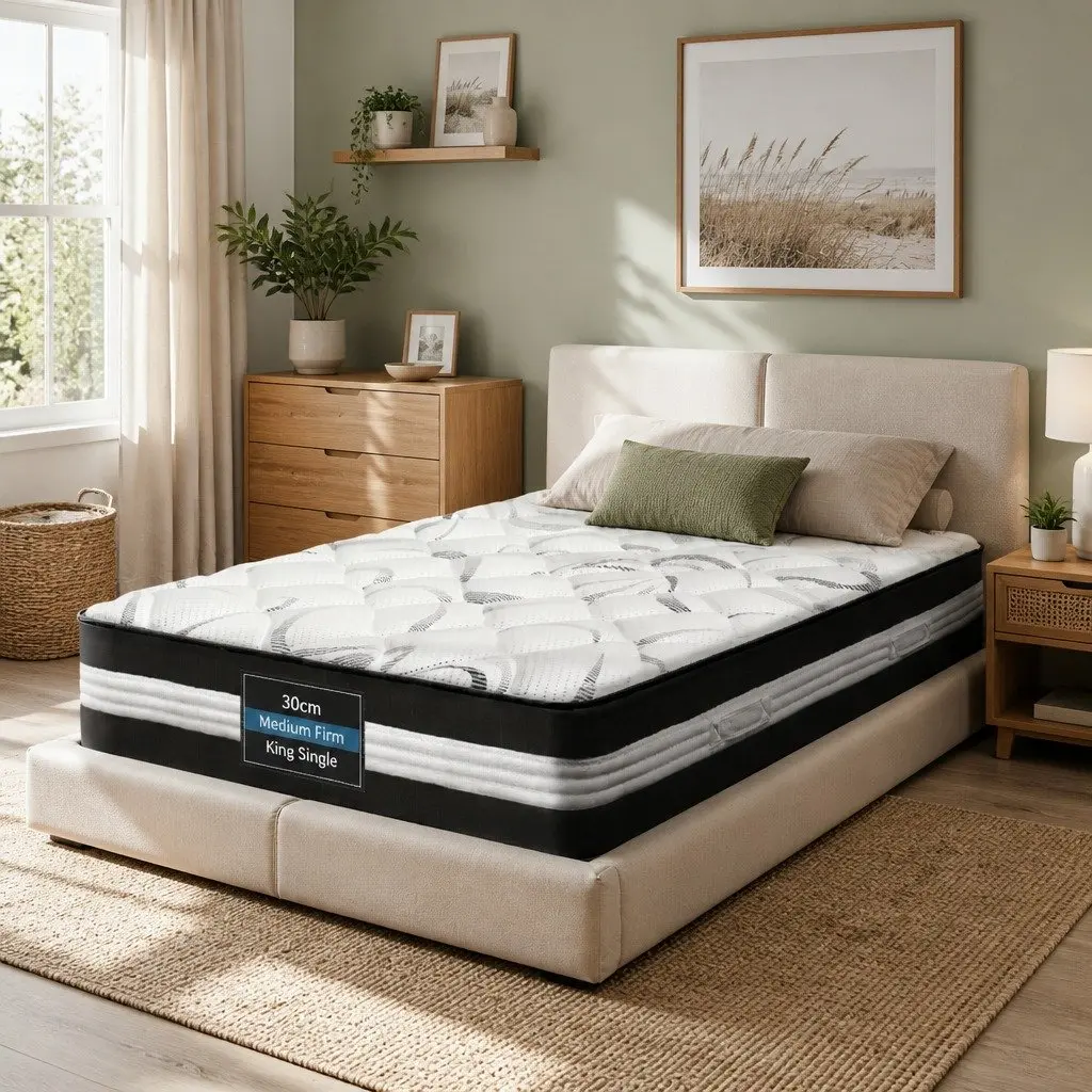 Pocket Spring Mattress 30cm King Single Medium Firm Hypoallergenic Breathable White Black