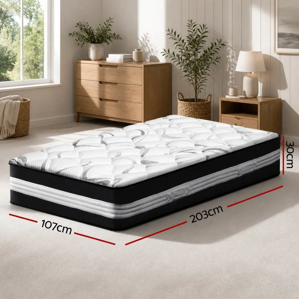 Pocket Spring Mattress 30cm King Single Medium Firm Hypoallergenic Breathable White Black