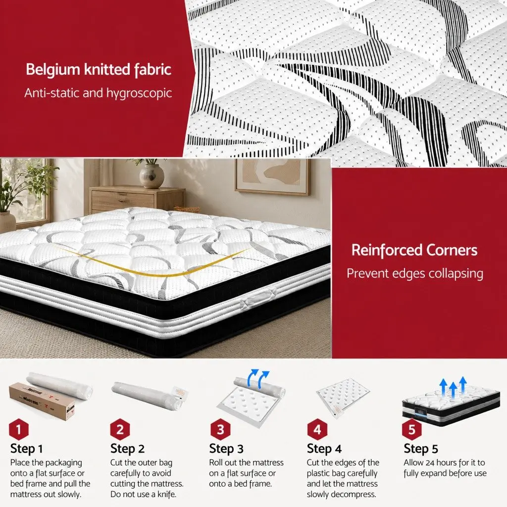 Pocket Spring Mattress 30cm King Single Medium Firm Hypoallergenic Breathable White Black