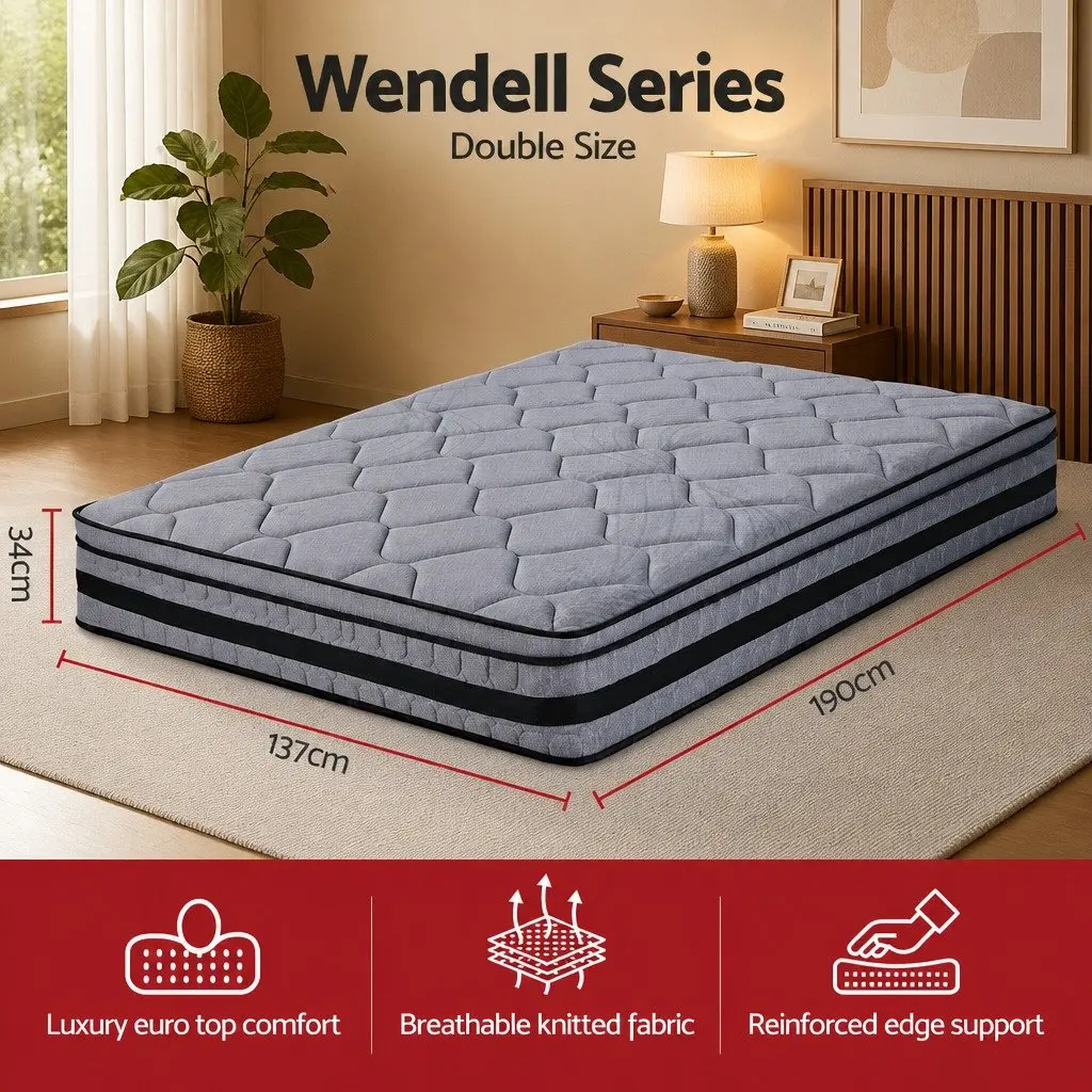 Double Mattress Medium-Firm Support 34cm Euro Top Hybrid Pocket Spring Black