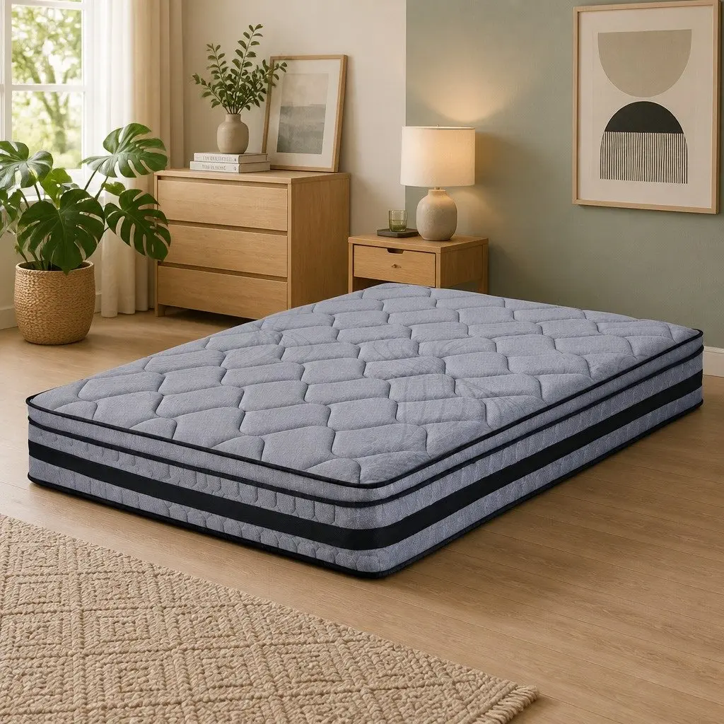 34cm Euro Top Queen Mattress Medium Firm Hybrid Pocket Spring Grey Black Natural Bamboo Fabric