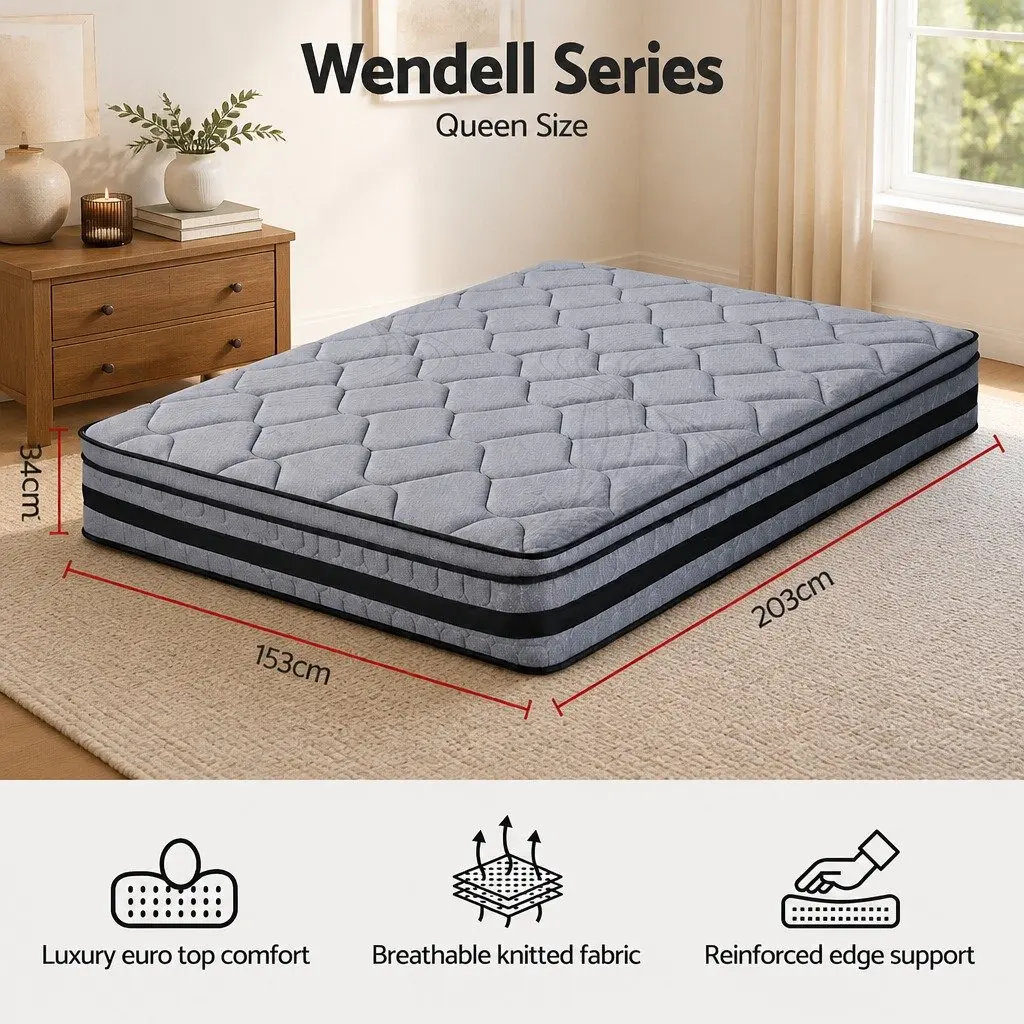 34cm Euro Top Queen Mattress Medium Firm Hybrid Pocket Spring Grey Black Natural Bamboo Fabric
