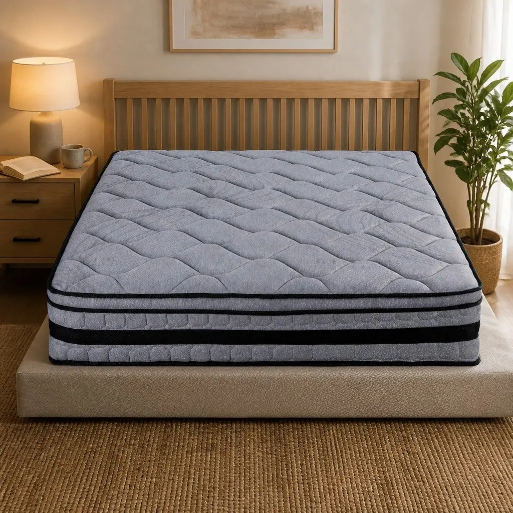 34cm Euro Top Queen Mattress Medium Firm Hybrid Pocket Spring Grey Black Natural Bamboo Fabric