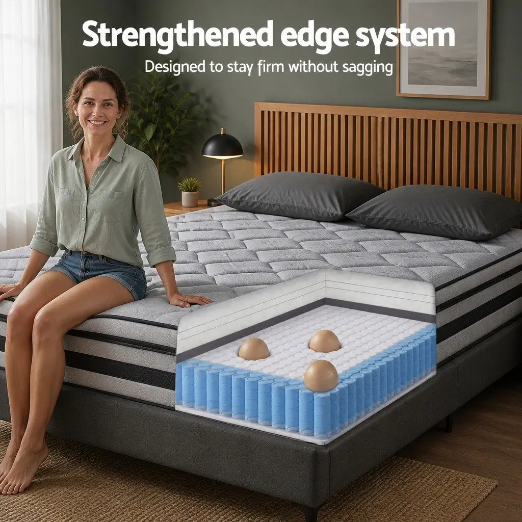 34cm Euro Top Queen Mattress Medium Firm Hybrid Pocket Spring Grey Black Natural Bamboo Fabric