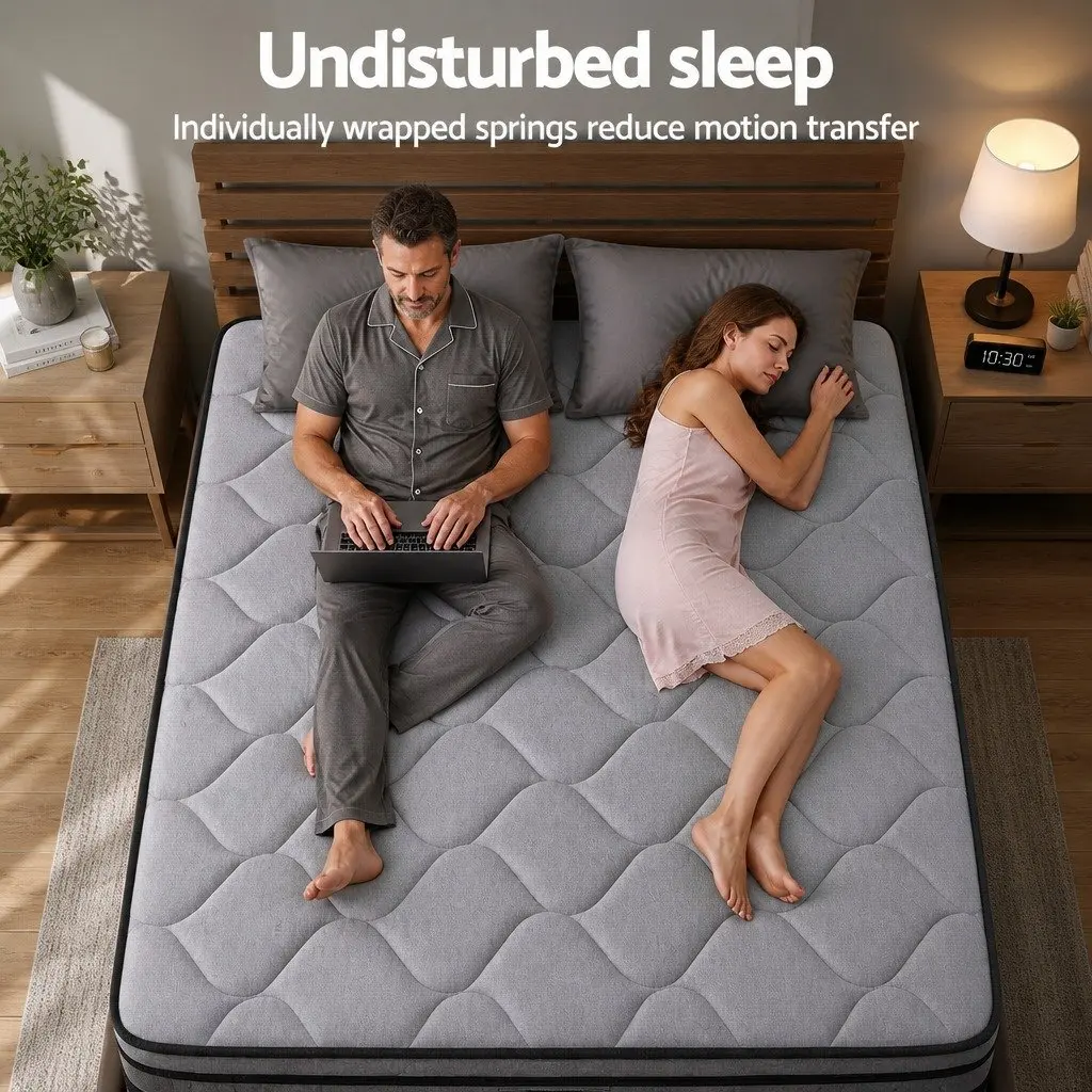 34cm Euro Top Queen Mattress Medium Firm Hybrid Pocket Spring Grey Black Natural Bamboo Fabric