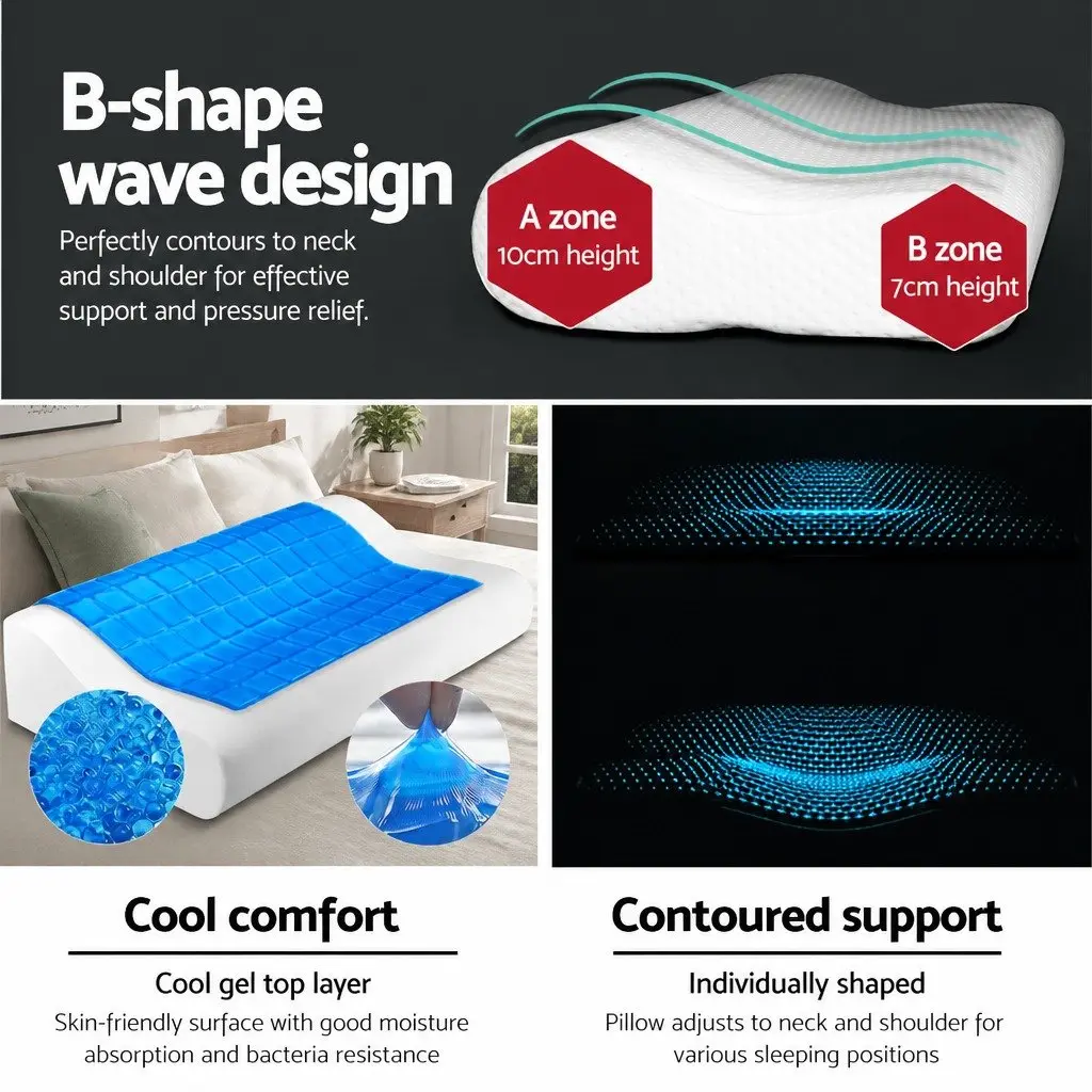 Memory Foam Contour Pillow Cool Gel Layer Twin Pack White 50cm x 30cm