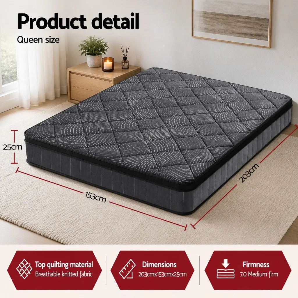 Queen Mattress Pocket Spring Latex 25cm Euro Top Medium Firm Black