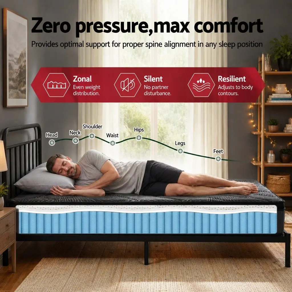 Queen Mattress Pocket Spring Latex 25cm Euro Top Medium Firm Black