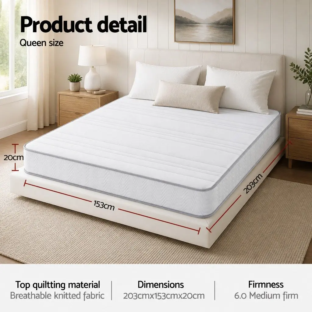 Queen Mattress 20cm White High-Density Egg-Crate Foam Independent Pocket Spring Tight Top Reinforced Edge Medium-Firm
