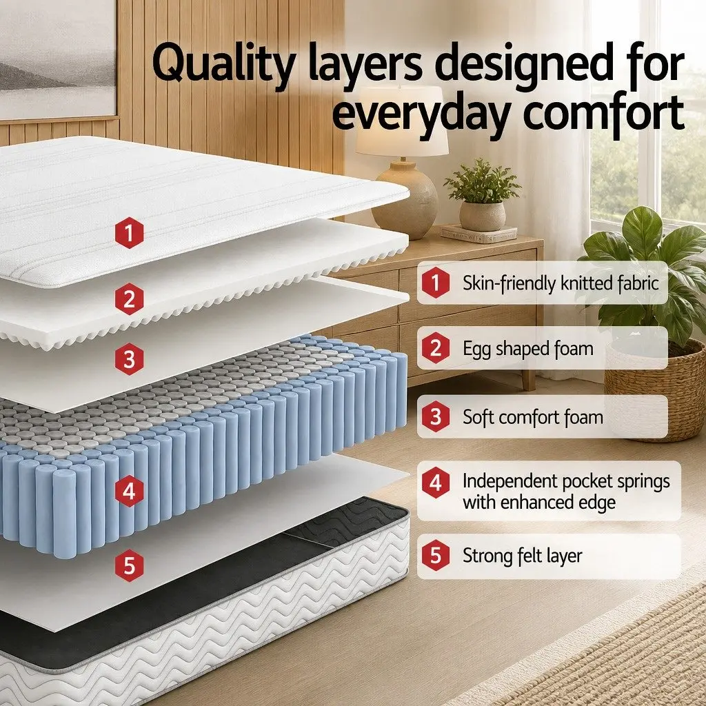 Queen Mattress 20cm White High-Density Egg-Crate Foam Independent Pocket Spring Tight Top Reinforced Edge Medium-Firm