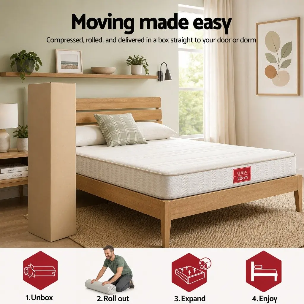 Queen Mattress 20cm White High-Density Egg-Crate Foam Independent Pocket Spring Tight Top Reinforced Edge Medium-Firm