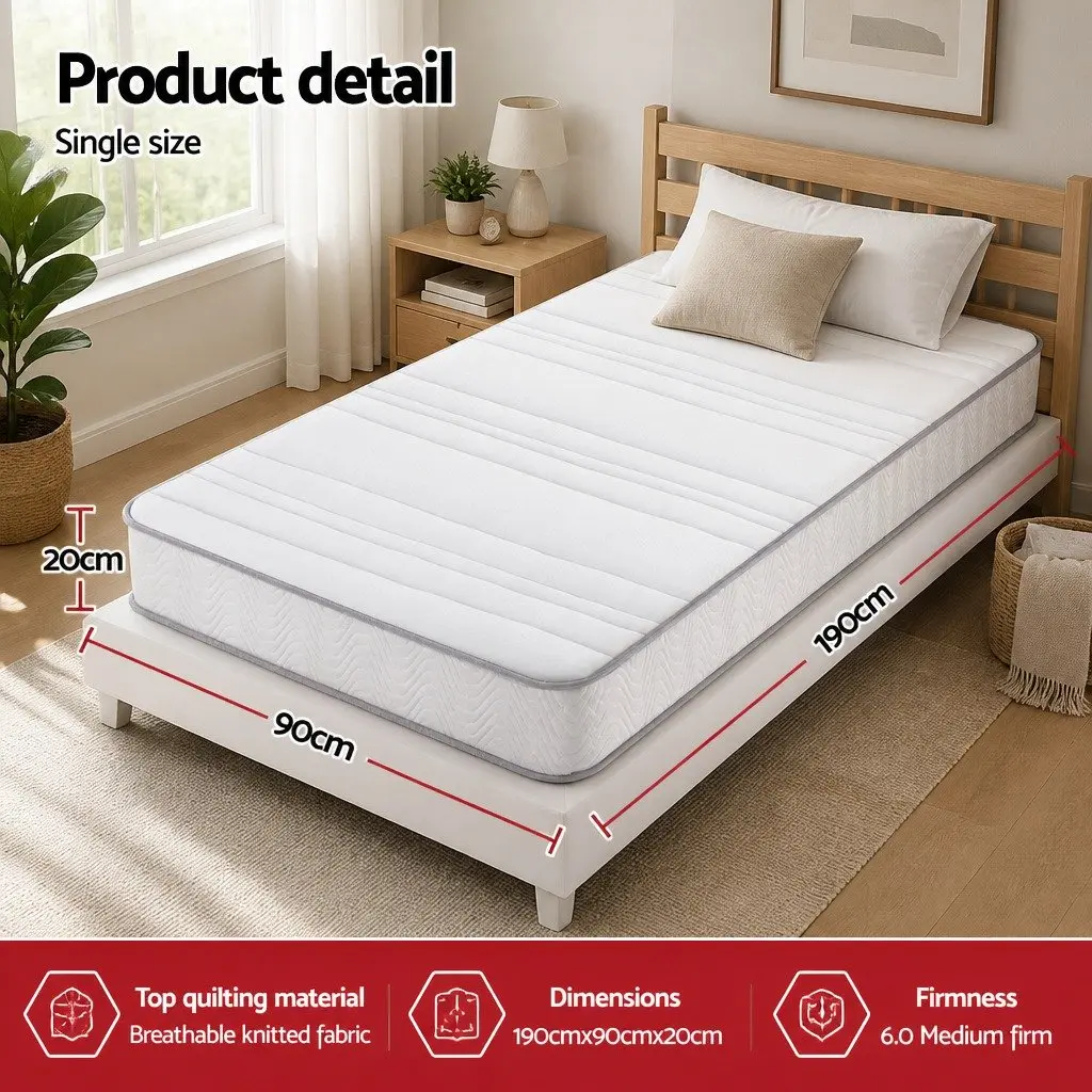 Single Mattress Medium Firm Pocket Spring 90cm x 190cm 20cm Egg-Crate Foam White Tight Top