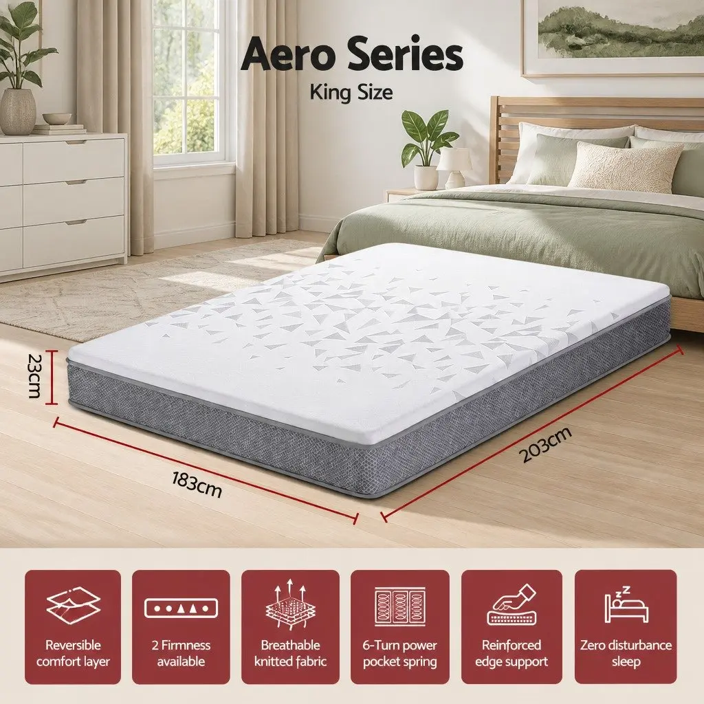 King Size Mattress 23cm Dual Firmness Reversible Foam Pocket Spring White Grey