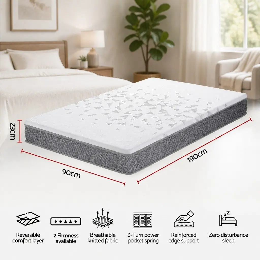 Single Mattress Pocket Spring 23cm Reversible Foam Medium Firm White and Grey