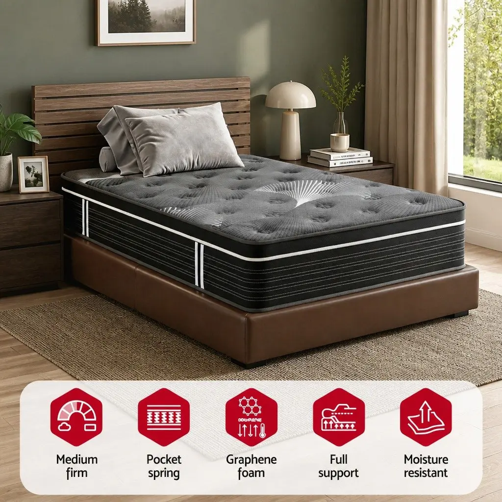 King Single Mattress Graphene Memory Foam 35cm Medium Firm Euro Top Black or Dark Grey