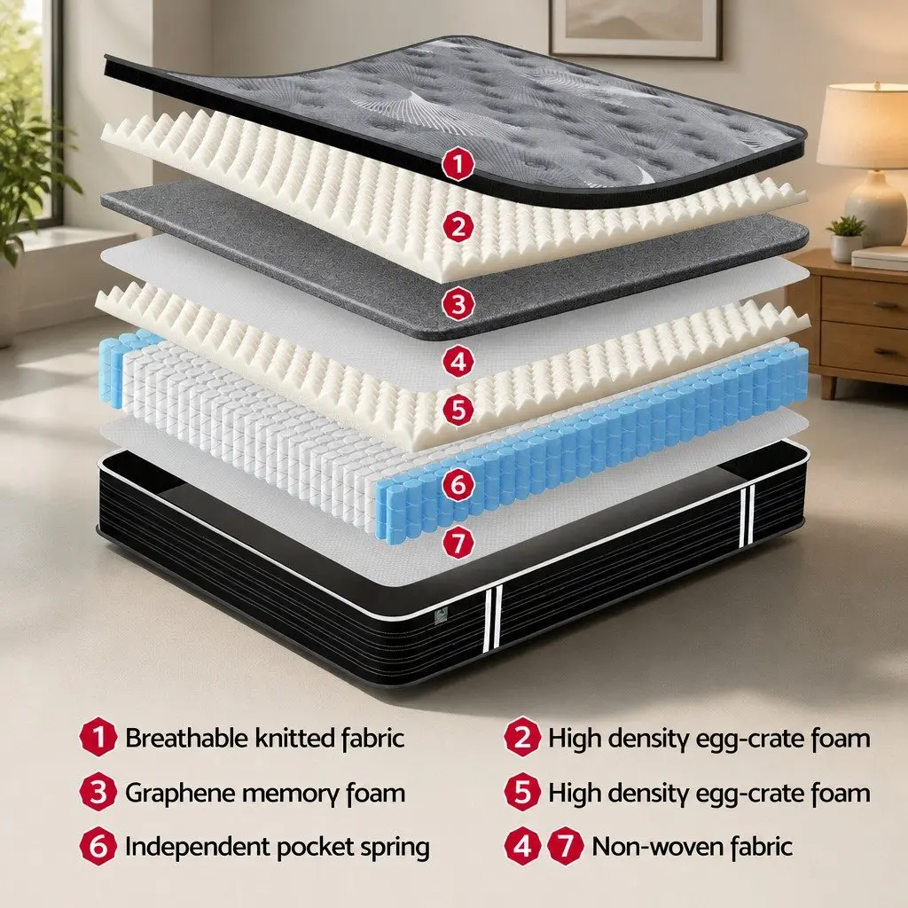 King Single Mattress Graphene Memory Foam 35cm Medium Firm Euro Top Black or Dark Grey