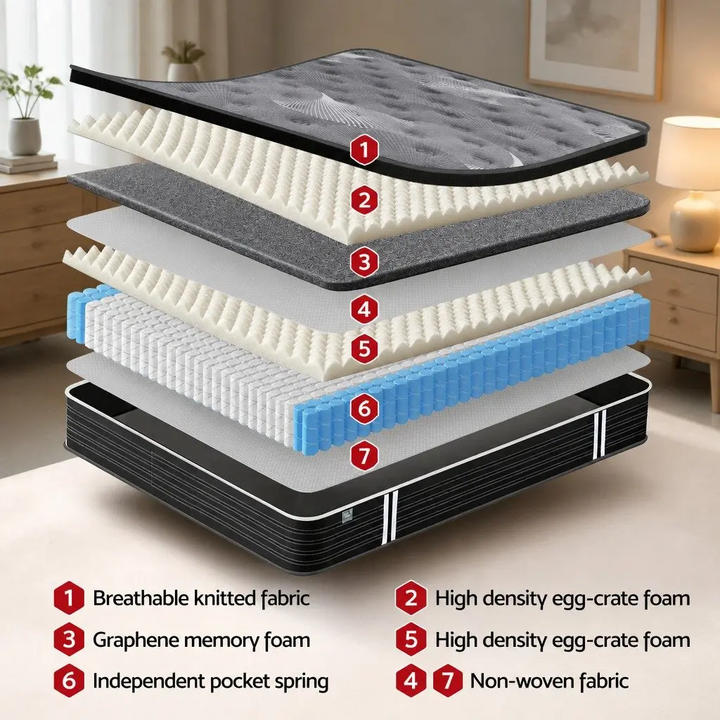 Single Mattress 35cm Euro Top Medium Firm Graphene Memory Foam Pocket Spring