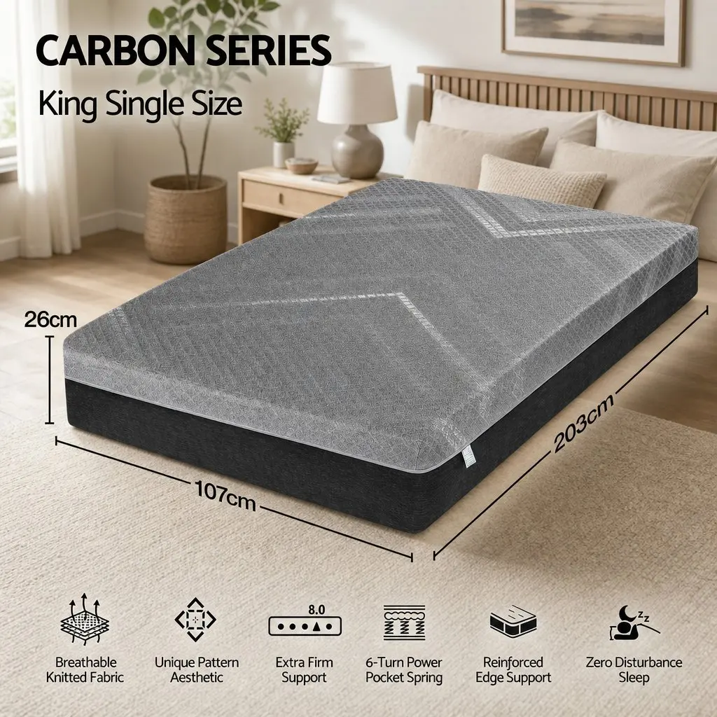 King Single Mattress Grey Breathable 26cm Firm Pocket Spring Dual Edge Support
