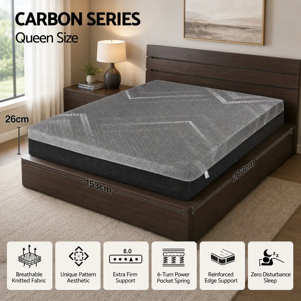 Queen Mattress Firm Dark Grey Breathable Pocket Spring 26cm Dual Edge Support