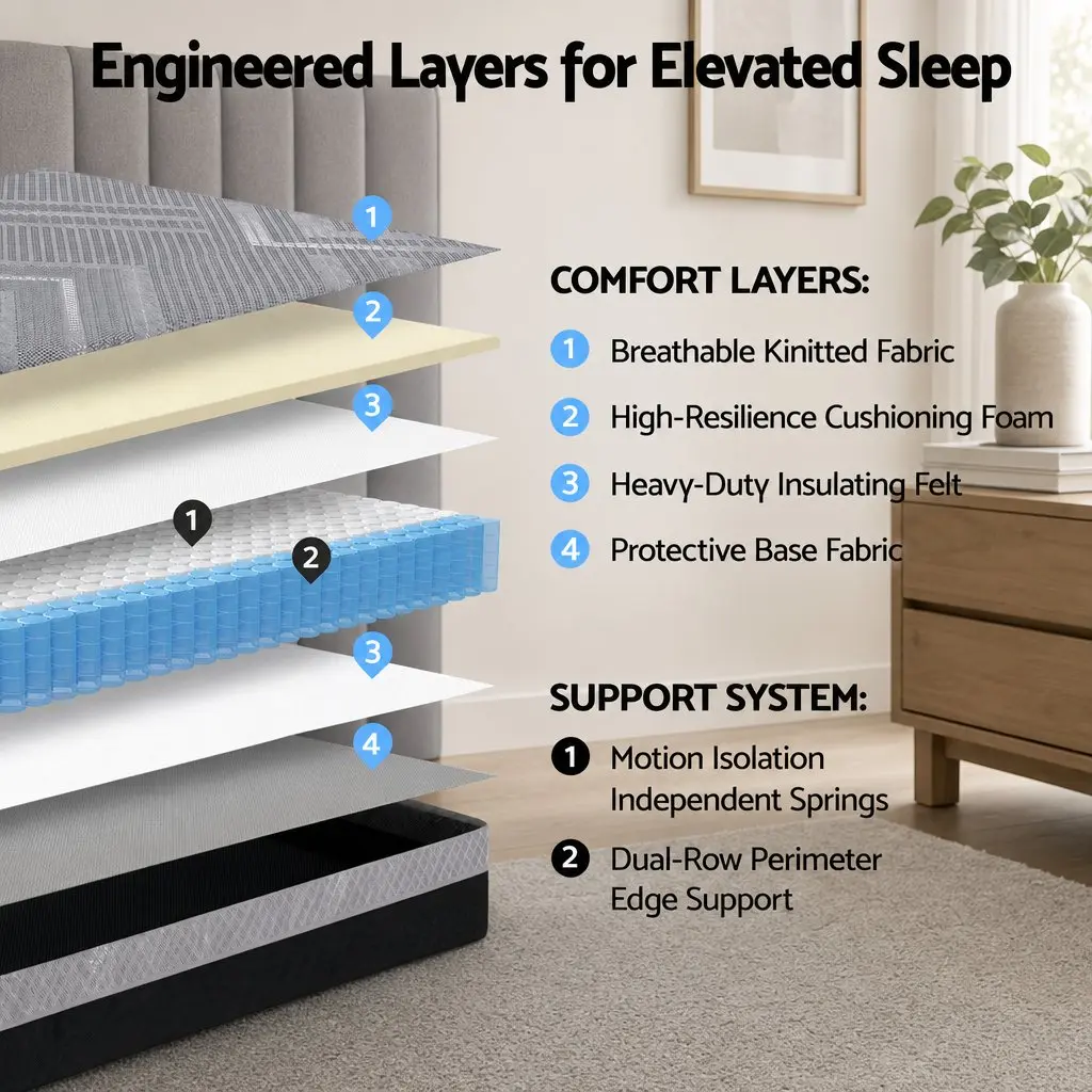 Queen Mattress Firm Dark Grey Breathable Pocket Spring 26cm Dual Edge Support
