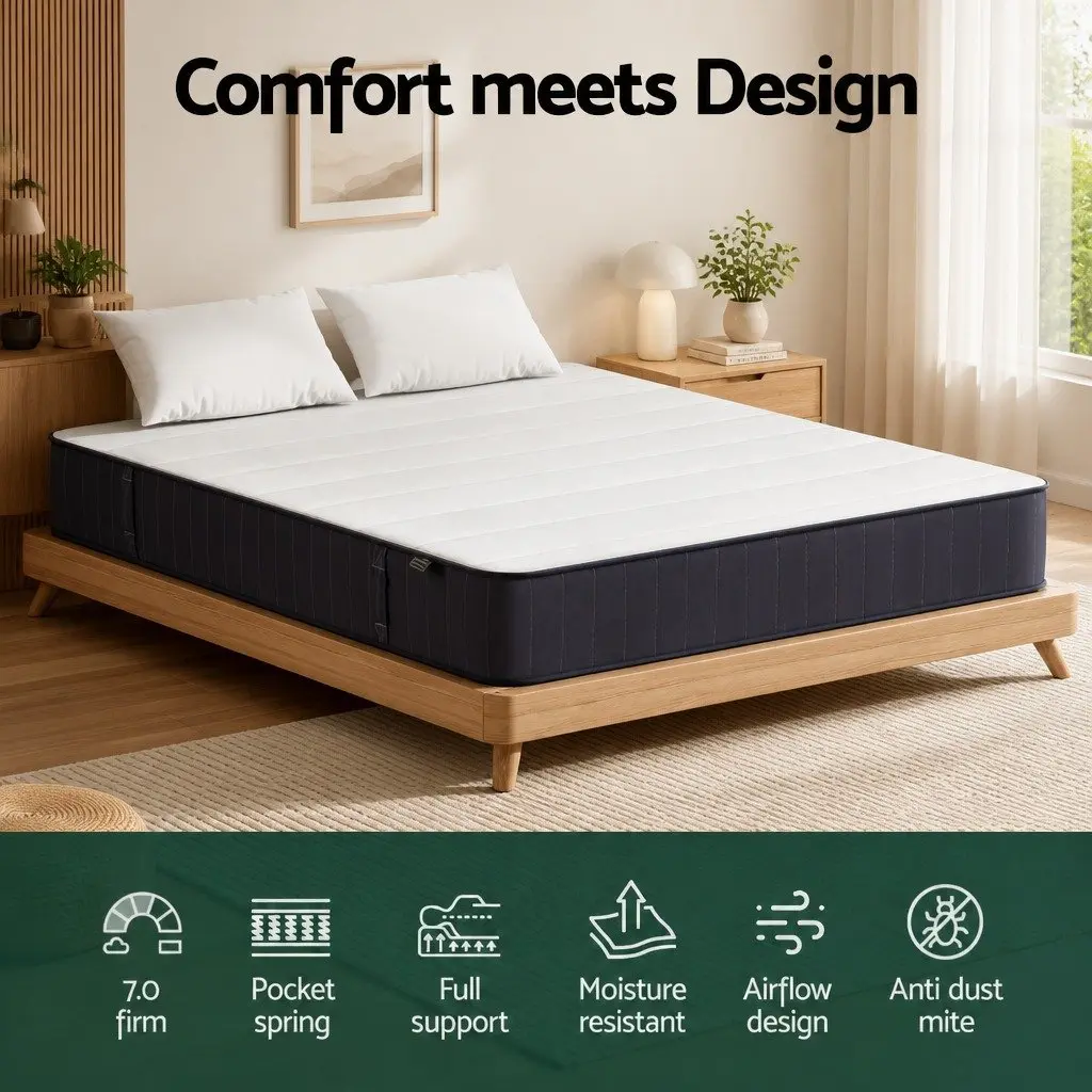 Double Mattress Firm Support 20cm Pocket Spring Tight Top Grey White