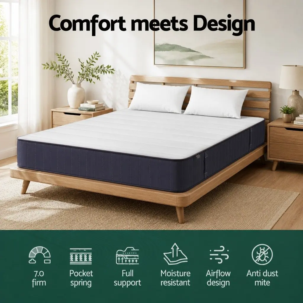 King Size Mattress 20cm Pocket Spring Firm Support Breathable Knitted Fabric White Grey