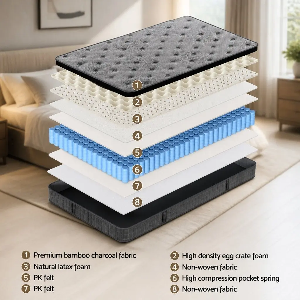 King Single Mattress 26cm Latex Foam Euro Top Medium Firm Pocket Spring Support