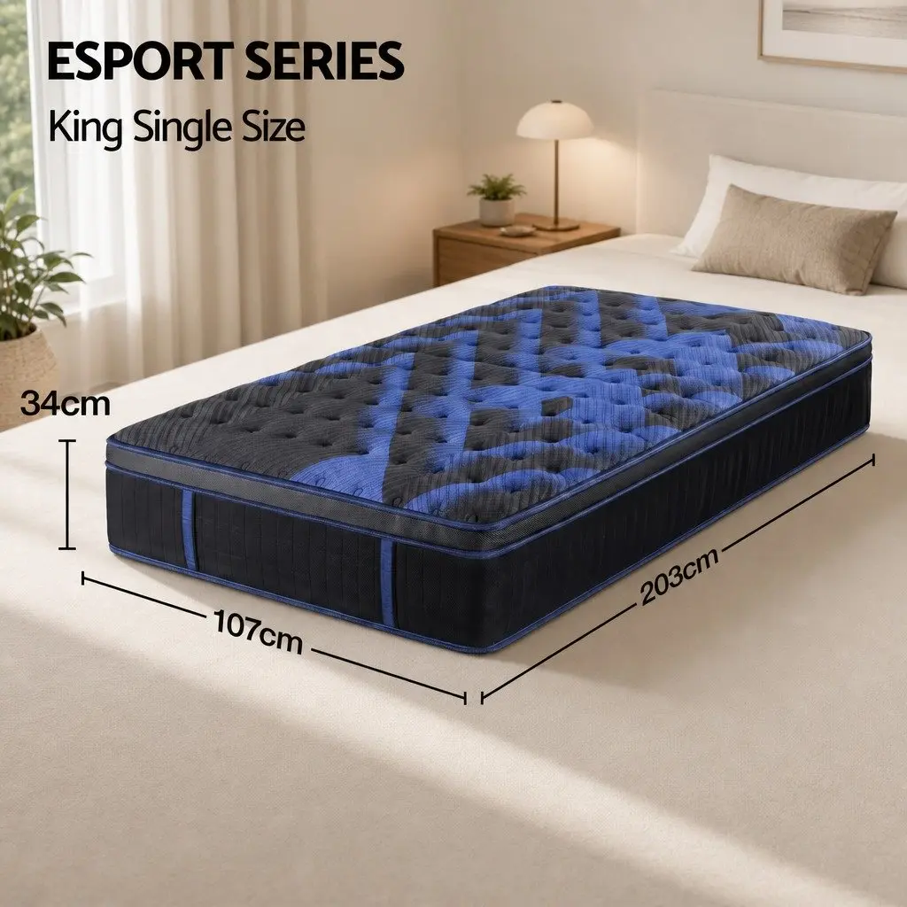 King Single Hybrid Mattress Cooling Gel Memory Foam Pocket Spring 34cm Black Blue