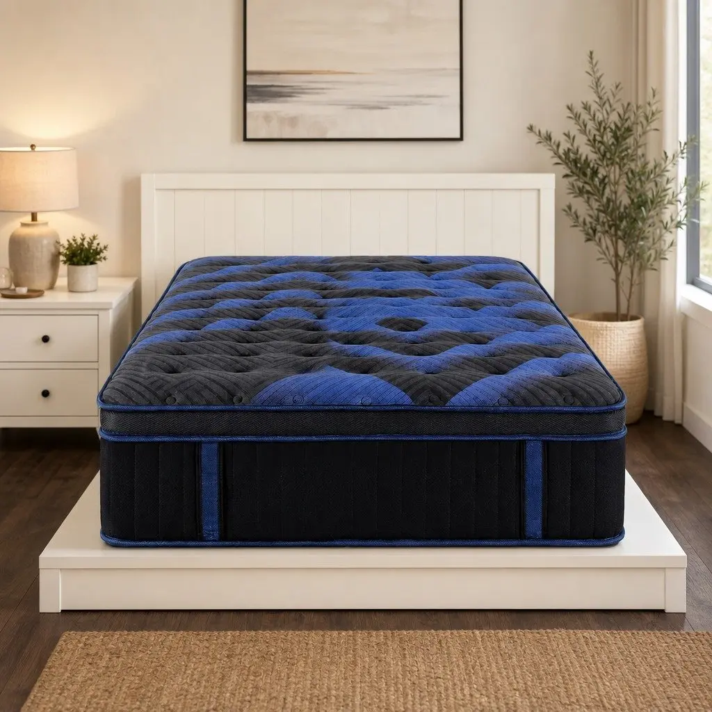 King Single Hybrid Mattress Cooling Gel Memory Foam Pocket Spring 34cm Black Blue