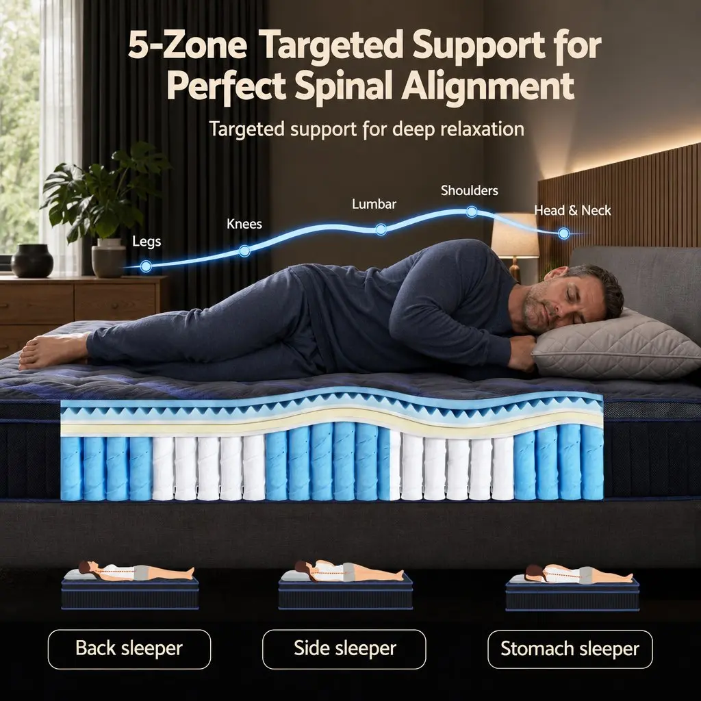 King Single Hybrid Mattress Cooling Gel Memory Foam Pocket Spring 34cm Black Blue