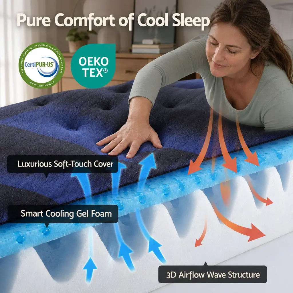King Single Hybrid Mattress Cooling Gel Memory Foam Pocket Spring 34cm Black Blue