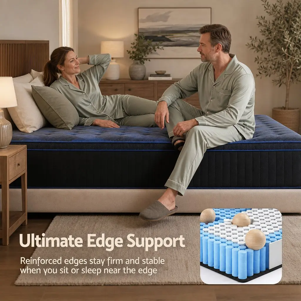 King Single Hybrid Mattress Cooling Gel Memory Foam Pocket Spring 34cm Black Blue