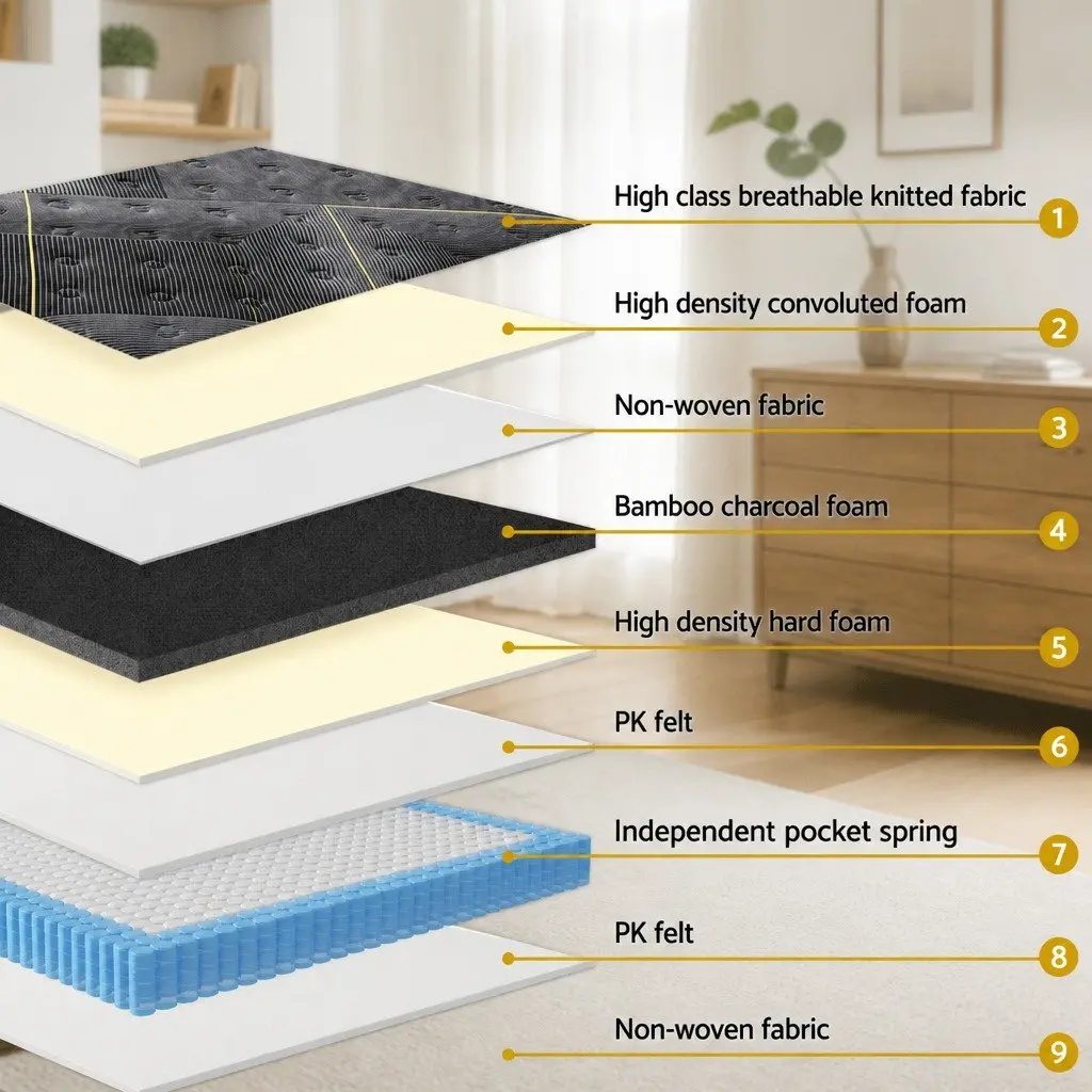 King Single Hybrid Mattress 35cm Bamboo Charcoal Foam Pocket Spring Medium Firm Black