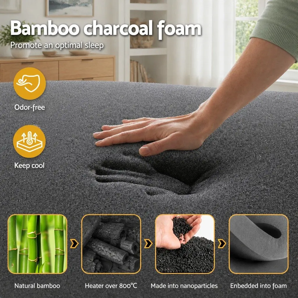 King Single Hybrid Mattress 35cm Bamboo Charcoal Foam Pocket Spring Medium Firm Black