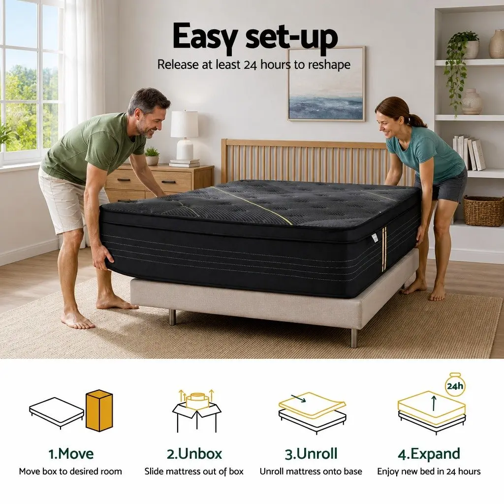 King Single Hybrid Mattress 35cm Bamboo Charcoal Foam Pocket Spring Medium Firm Black