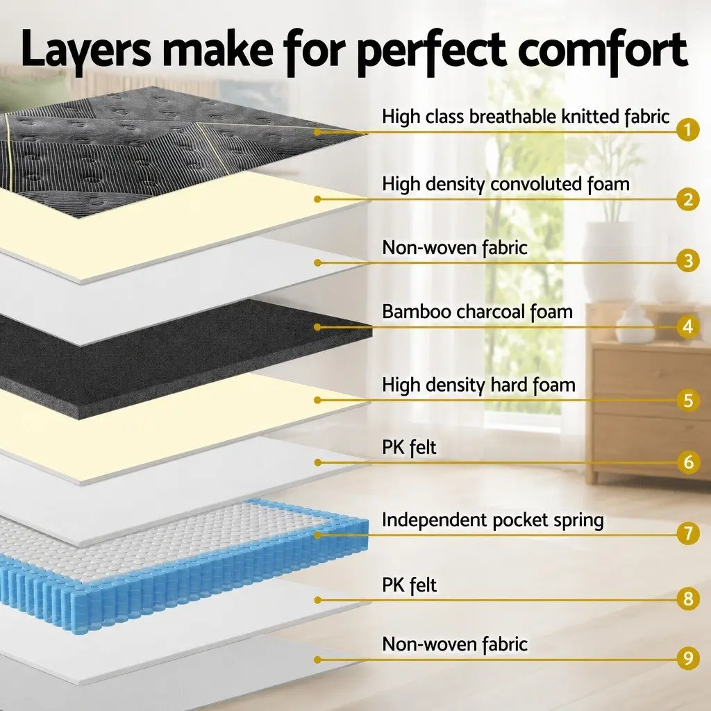 King Size Mattress 35cm Hybrid Pocket Spring Bamboo Charcoal Foam Euro Top
