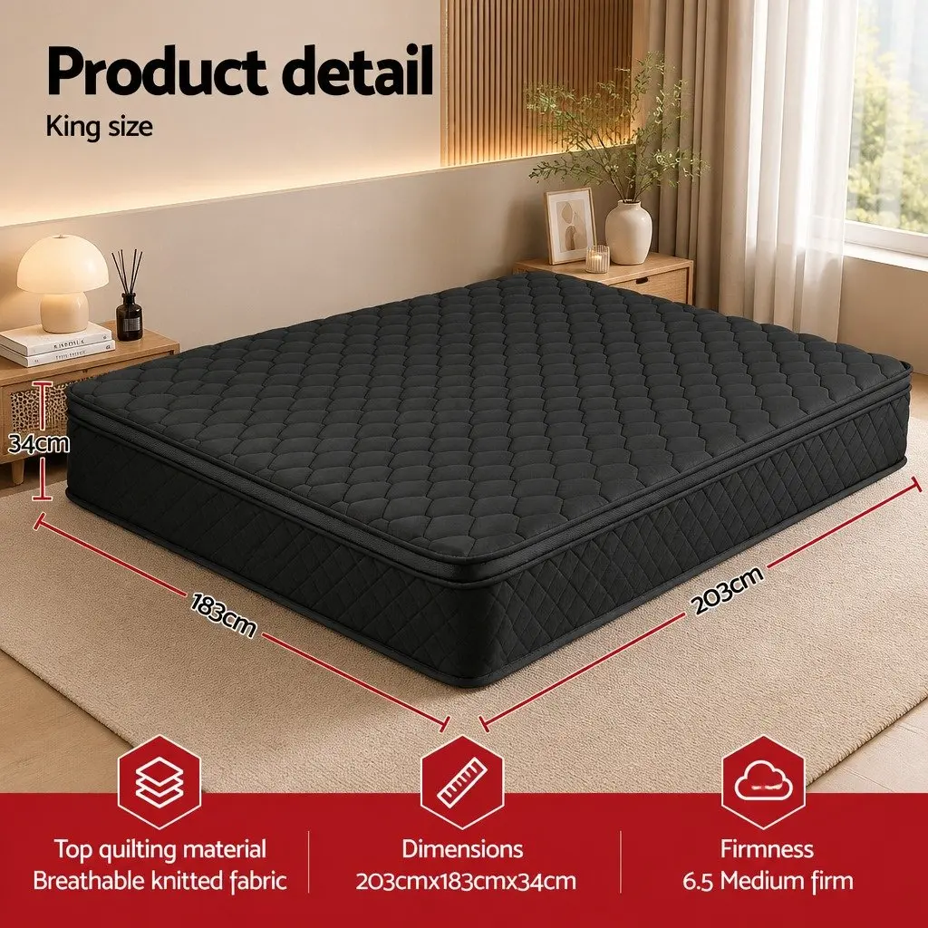 King Size Mattress 34cm Black High-Density Foam Euro Top 5-Zone Pocket Spring Medium Firm